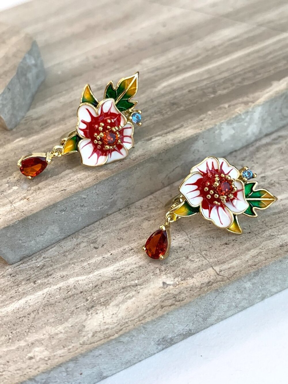 NEW ~ Anthropologie Enamel Flower Crystal Drop Lever Back Earrings - Picture 9 of 16